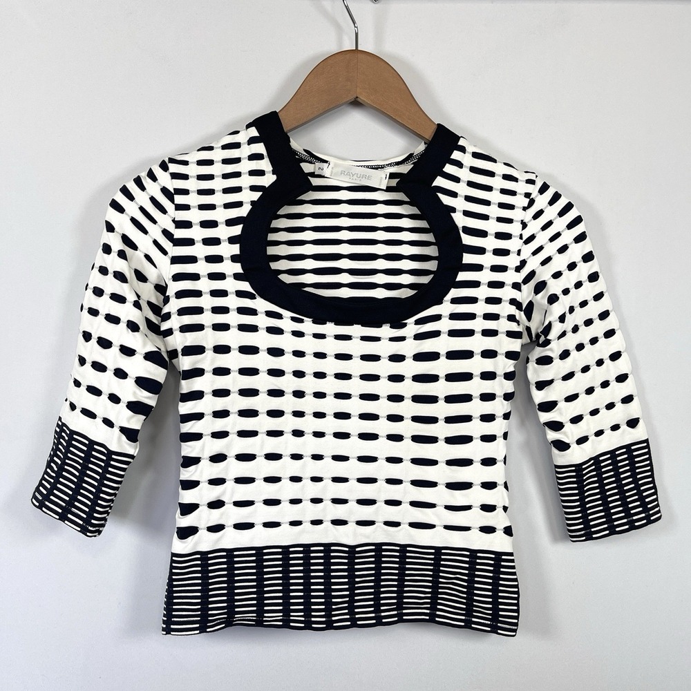 VTG Rayure Paris 90s French Textured Grid Pattern Top Size S B/W Retro Op-Art